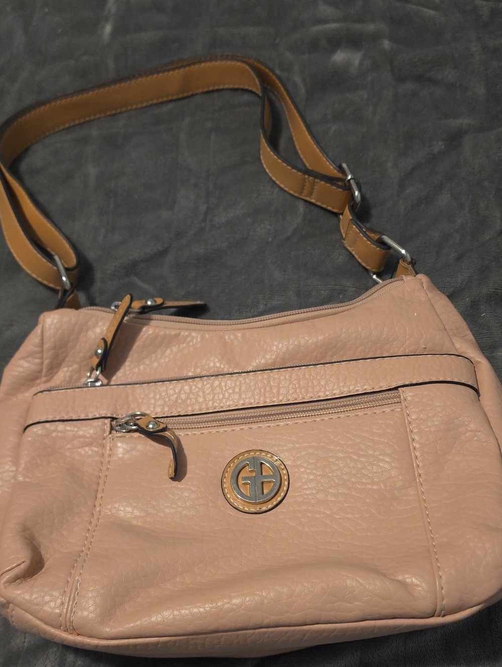 Peach Blush Pebbled Crossbody Bag with Gold Logo Accent
